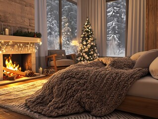 Cozy Winter Bedroom Fireplace Warmth Christmas Tree Glow Knitted Blanket Comfort Snow View Haven 100
