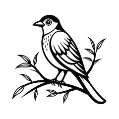 Bird on Tree Branch Minimal Line Art Design, vector icon of bird