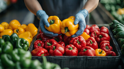 Food safety process with a worker wearing gloves, carefully holding fresh bell peppers. Ai Generated Images