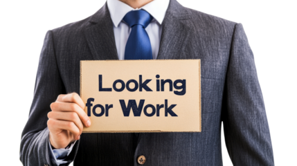 Job seeker holding looking for work sign professional setting image capture office environment direct view employment search