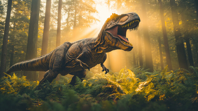 Dinosaur in a dense prehistoric jungle, featuring a roaring T-Rex with sharp teeth and intense expression. Ai Generated Images