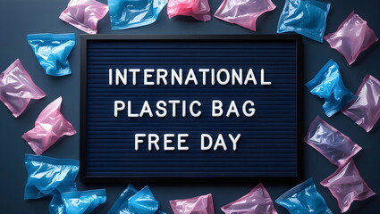 International Plastic Bag Free Day letter board flat lay with plastic bags