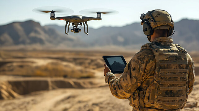 Military personnel controlling a drone with a tablet in a rugged desert landscape. Ai Generated Images