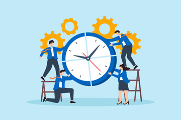 Flat illustration of business team assembling giant clock together to symbolize teamwork time management productivity and task coordination