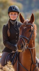 An equestrian woman wearing a helmet and gripping reins is riding a brown horse in a sunny pasture.