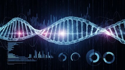 Animated DNA strand with data visualizations, genetic research and digital code background - Powered by Adobe