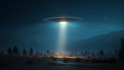 Nighttime UFO hovers above the desert, illuminating the area with a beam of bright light.