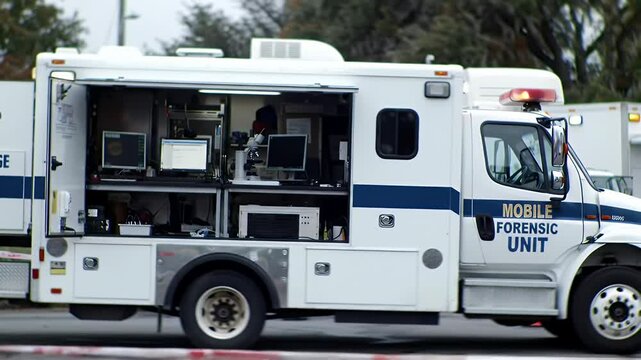 Mobile Forensic Laboratory Truck Positioned Nearby with Visible Computer Equipment Forensics Research Crime Scene Investigation Science and Justice on Cloudy Day