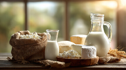 Fresh dairy products on a wooden table, conveying rustic simplicity and natural freshness.