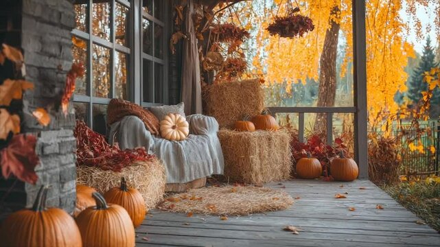 Cozy autumn porch with pumpkins, hay bales, and fall leaves