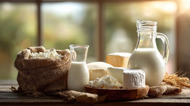 Fresh dairy products on a wooden table, conveying rustic simplicity and natural freshness.