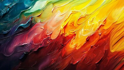Vibrant, textured impasto painting with swirling hues of blue, red, yellow, and orange.  Thick paint creates dynamic movement and depth - Powered by Adobe