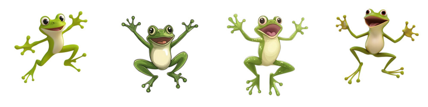 Set of playful cartoon frog jumping in the air with dynamic pose, isolated on transparent background.