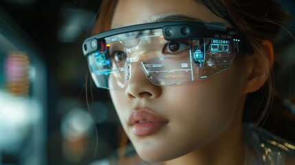 Businesswoman using smart glasses to interact with a holographic digital assistant AI driven workspace