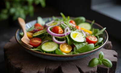Healthy Salad Bowl with Fresh Vegetables Red Cherry Tomatoes Yellow Cherry Tomatoes and Greens on Dark Wooden Background and Rustic Wooden Table Still Life Compositions Close-up Shot