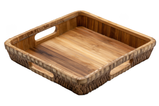 Square bamboo serving tray with handles isolated on transparent background