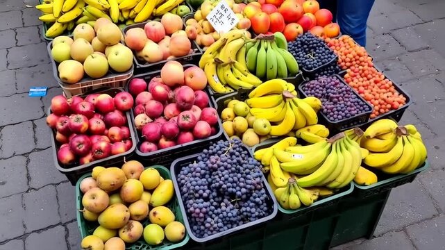 Traditional fruit market , variety of fresh fruits arranged in baskets