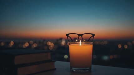 Lit Candle with Eyeglasses Sunset Cityscape Background Books image