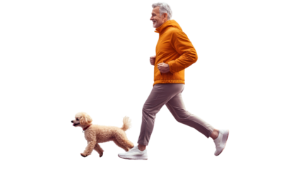 Elderly man jogging with dog urban park lifestyle image bright environment dynamic viewpoint fitness concept