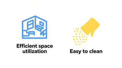 Space utilization and easy cleaning icons represent efficient planning of space utilization and convenient cleaning design, used for space planning and daily cleaning scenarios.