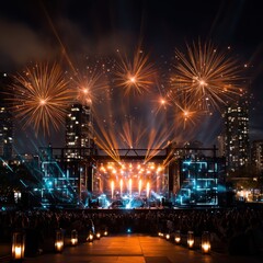 Fireworks over a concert stage at night