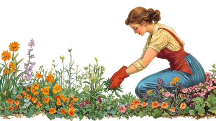 Gardening action flower bed illustration outdoor setting side view nature care