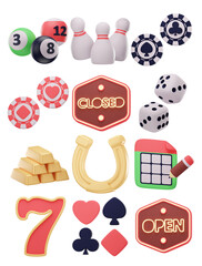 3D Casino and Luck Icon Set &ndash; Game Elements, Gambling Chips, Dice, and Lucky Symbols
