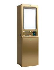  Tall slim-line gold ATM with edge-to-edge screen and biometric authentication panel, centered on a seamless white background.

