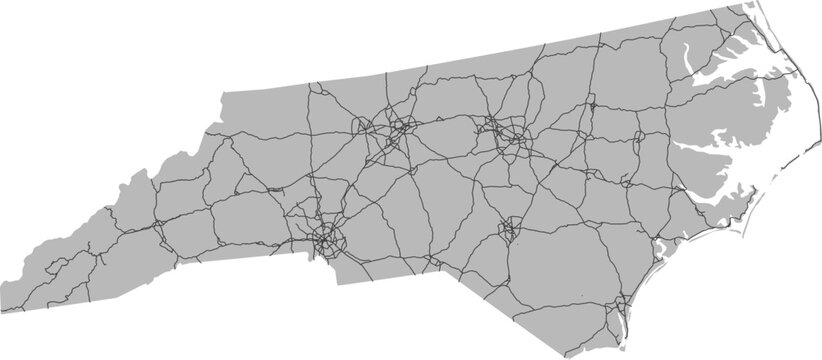 North Carolina vector map of the National Highway System with state boundary (NHS,  Albers Equal Area projection, PPT-compatible & fully editable)