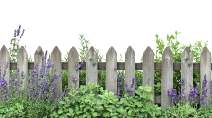 Garden fence with lavender and greenery residential area nature photography calm environment close-up view serenity concept