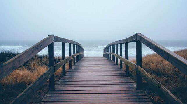 Serene Wooden Boardwalk Leading to the Ocean: Ideal for Relaxation - The Calm Seascape with Coastal Grass on Either Side, Perfect for Website Backgrounds, Meditation Apps - Powered by Adobe