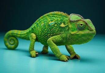 Obraz premium Green chameleon standing on blue surface