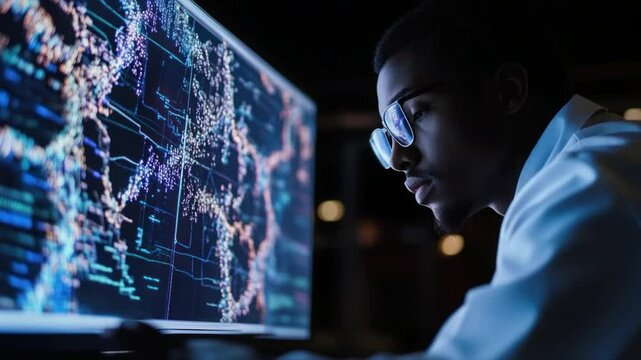 A Man Reviews Data On A Computer Screen, Analyzing Business Data In The Dark