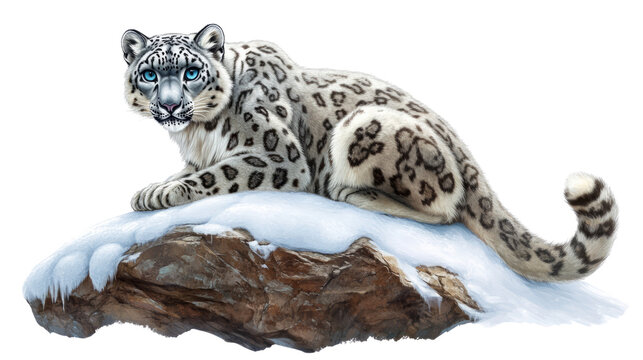 Snow leopard resting on rocky outcrop winter landscape wildlife photography arctic environment close-up nature conservation