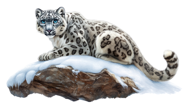 Snow leopard resting on rocky outcrop winter landscape wildlife photography arctic environment close-up nature conservation