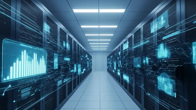 Data center server room with glowing data streams and digital information flowing through the network - Powered by Adobe