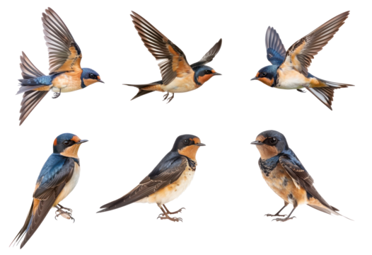 Collection of Barn swallow bird fly full body isolate on transparent background