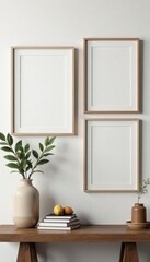 Three empty frames above rustic shelf with minimalist decor , shadow, gallery, empty