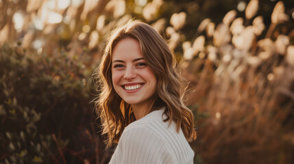 Portrait of a beautiful young woman smiling and looking at camera. Woman portrait