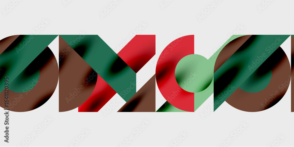 Poster Abstract graphic design features overlapping circular shapes. Colors include green, red, brown, creating dynamic visual effect. Simple composition.