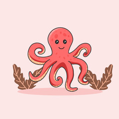 Cute animal octopus hand drawn cartoon vector icon with plants isolated backaground