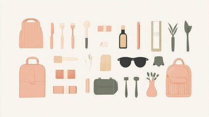 Obraz premium Assorted items for an outdoor meal or outing, displayed in a flat layout.