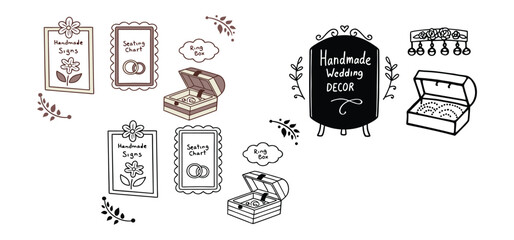 Charming hand-drawn wedding decorations including signs ring boxes seating charts and handmade decorative elements on white background
