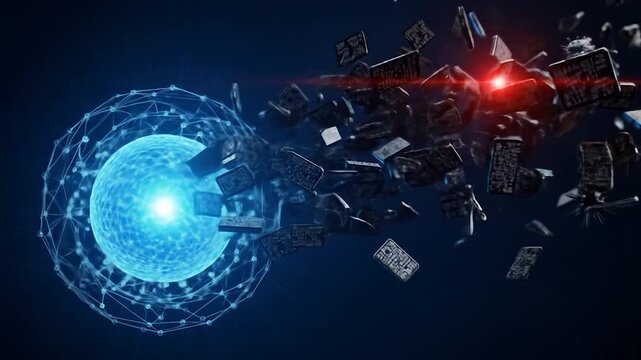 Digital Core Disruption: Data Fragmentation and Cyber Attack Visualization in a Futuristic Network