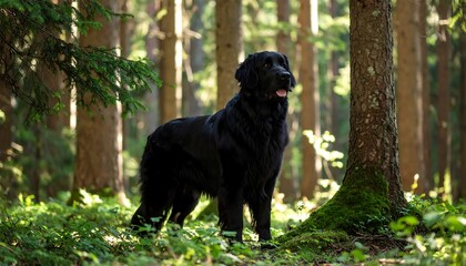 Black dog standing in a forest.
