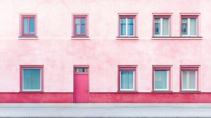 Pink building facade with evenly spaced windows and a door.