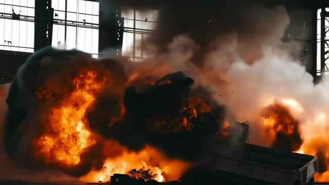 Explosive Demolition in Industrial Setting: Detailed Slow-Motion Explosion Footage