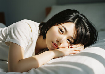 Obraz premium Relaxing and Peaceful Moments of a Young Woman in Natural Light at Home