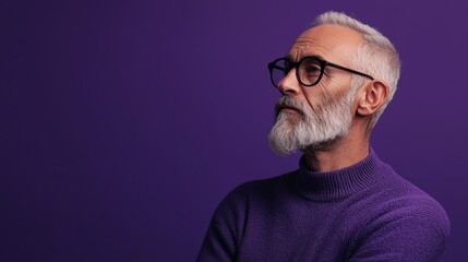 Fototapeta premium A man with gray hair and a beard wearing a purple sweater, standing against a purple background with a blank space for text.