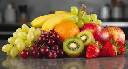 Radiant Fresh Fruits Still Life Featuring Grapes Bananas Oranges Apples Kiwi and Strawberries on Black Granite Countertop Comprising a Harmony of Colors Textures and Shapes Depicting Healthy Eating